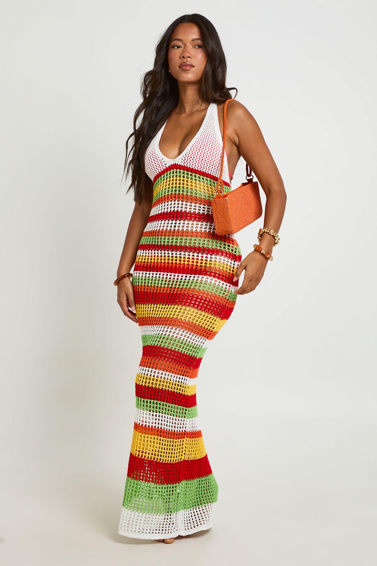 stripe knit o-ring beach maxi dress Boohoo Crochet Knitted in Red coll-soft-pastels