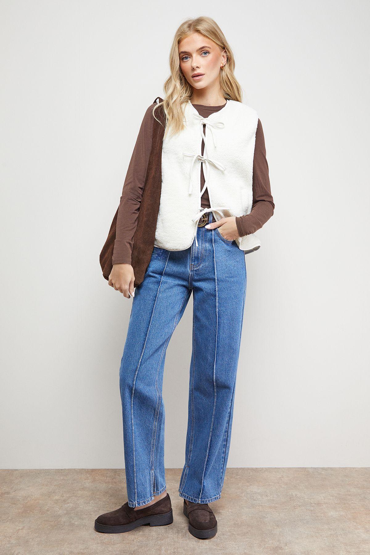 Oasis Faux Fur Gilet With Pu Binding in Blue Lyst UK