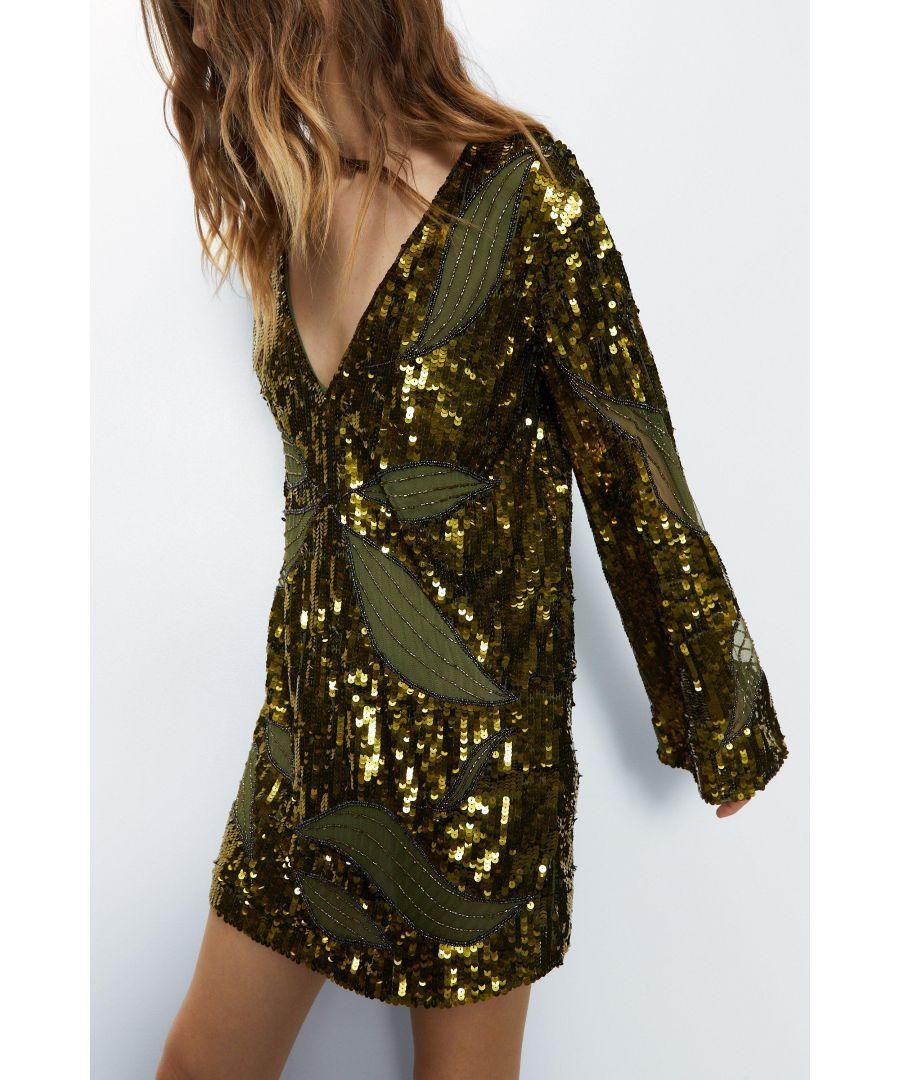 warehouse green sequin dress Warehouse Women's Hand Embellished Sequin Square Neck Strappy Midi Dress in Green