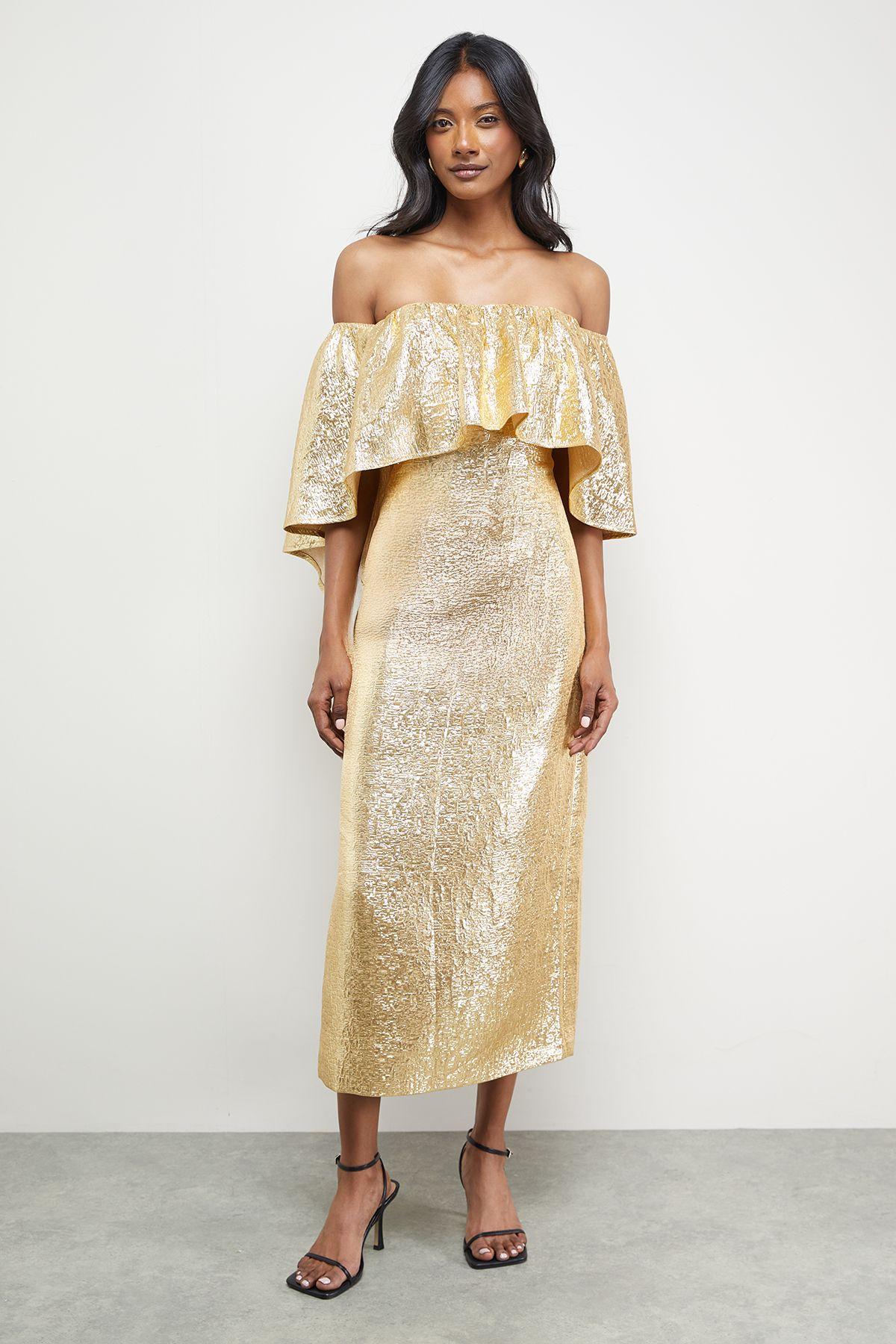 Oasis Metallic Jacquard Volume Bardot Midi Dress in Natural | Lyst UK
