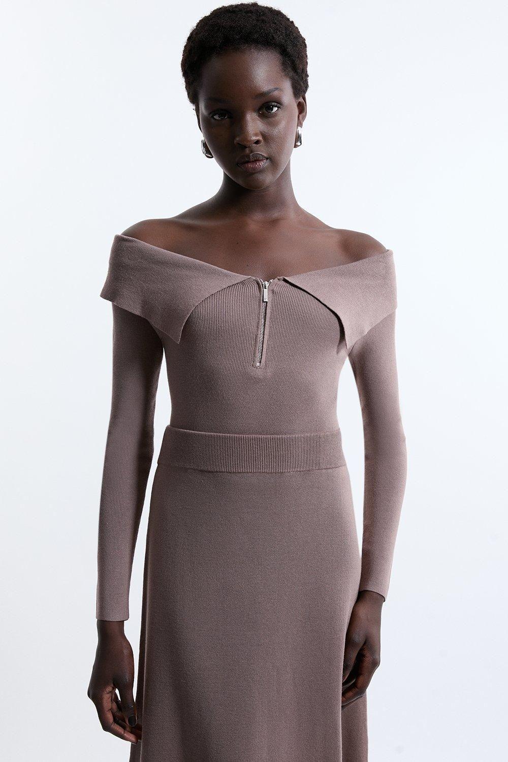 Karen Millen Viscose Blend Front Zip Bardot Longline Jumper in