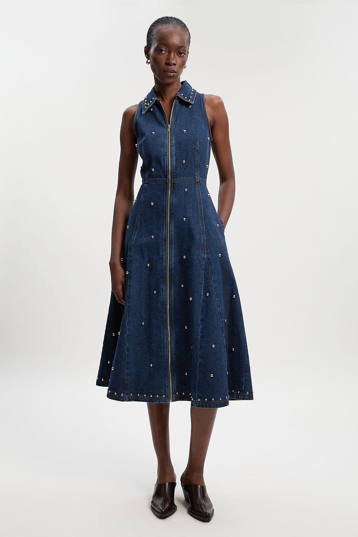 karen millen denim dresses KAREN MILLEN Pocket And Gold Button Denim Dress