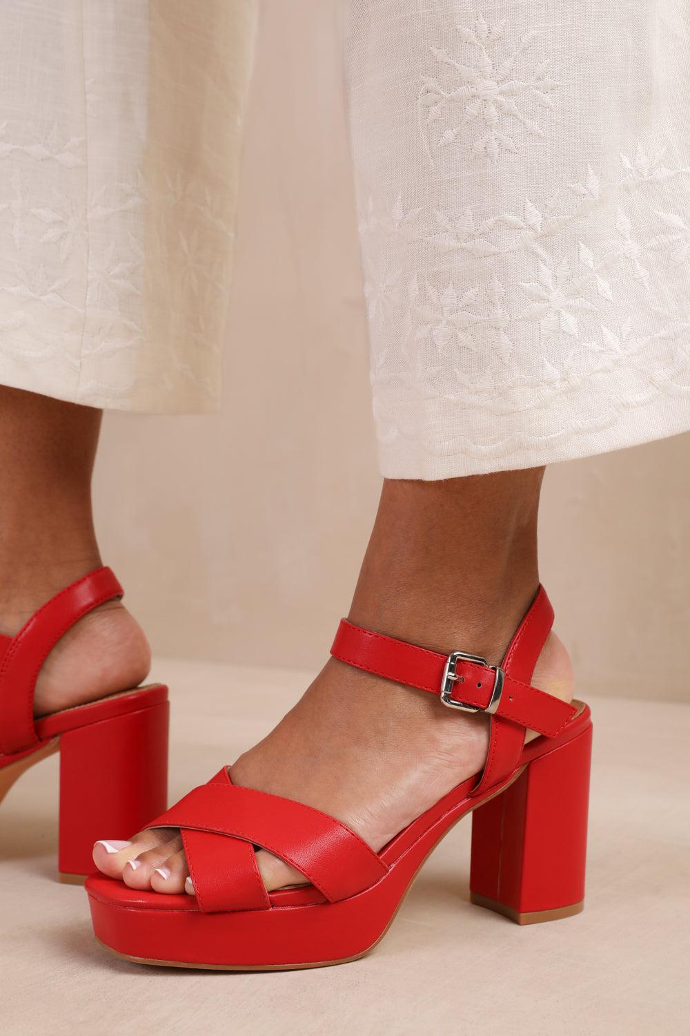 Where s That From Wheres Marcia Wide Fit Statement Platform Strappy Block High Heels in Red Lyst UK