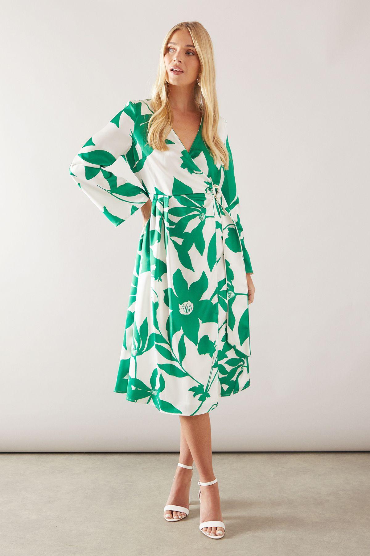 Wallis Petite Floral Satin Wrap Midi Dress in Green Lyst UK