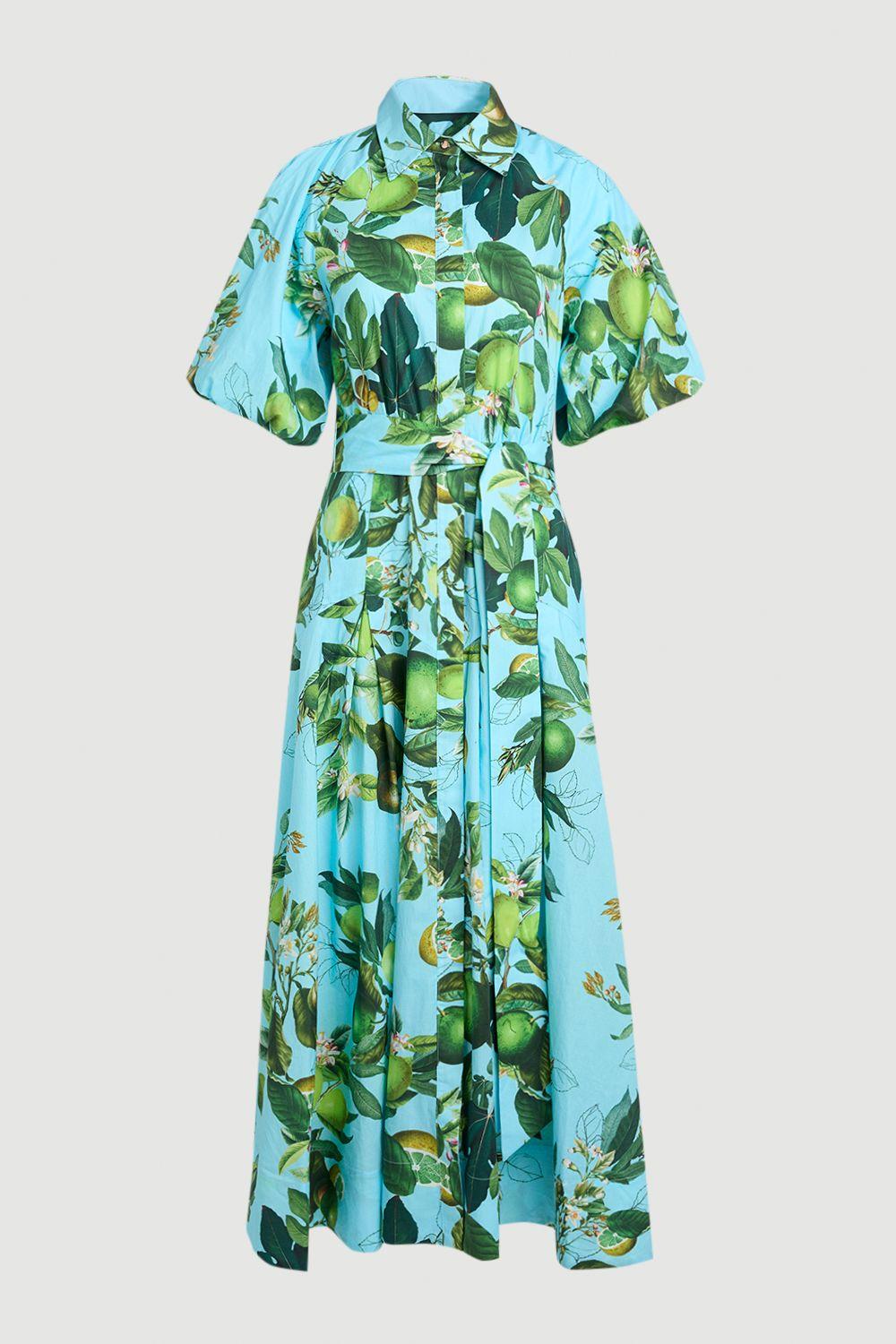 karen millen lime green dress Print Cotton Puff Sleeve Woven Midi Shirt With Dropped Waist Detail in OTHER: ***