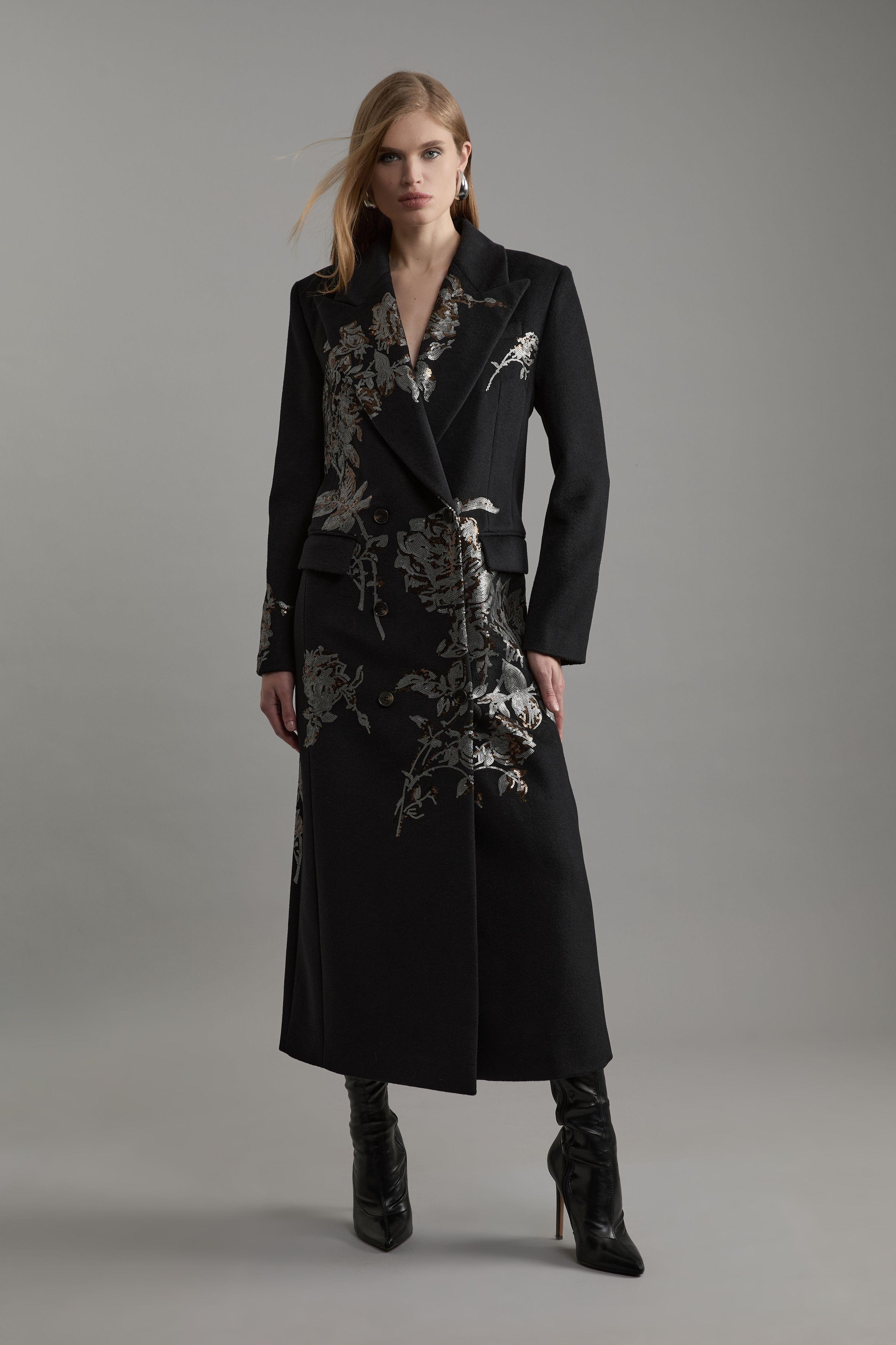 Karen Millen Wool Blend Sequin Embellished Placed Double Breasted