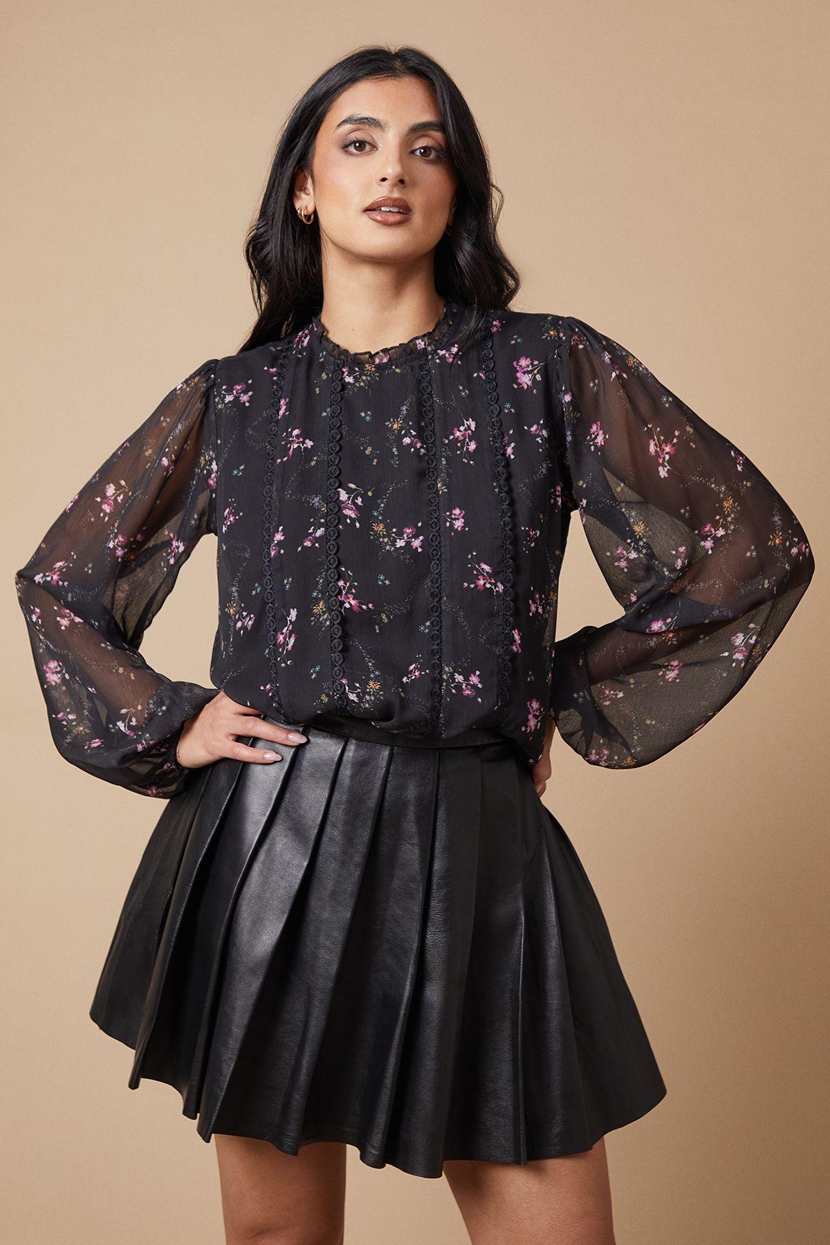 Oasis Floral Chiffon Lace Trim Blouse in Black Lyst UK