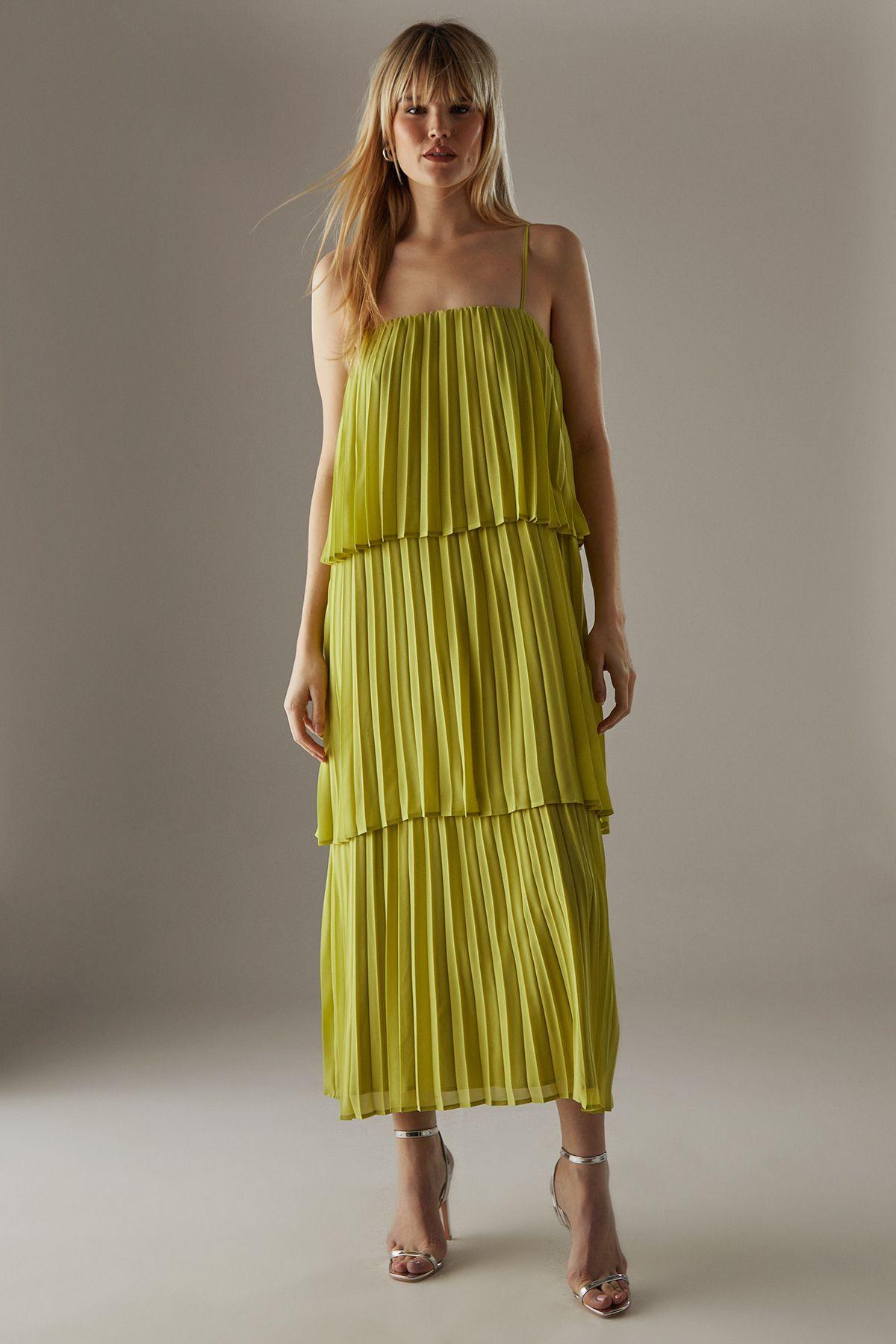 Warehouse Chiffon Pleated Tier Strappy Midi Dress in Green Lyst UK