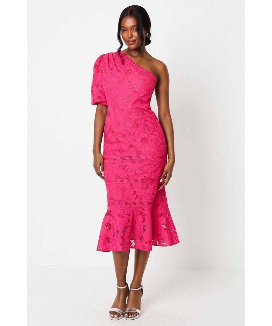 Coast One Shoulder Lace Trim Flute Hem Midi Dress in Pink Lyst UK