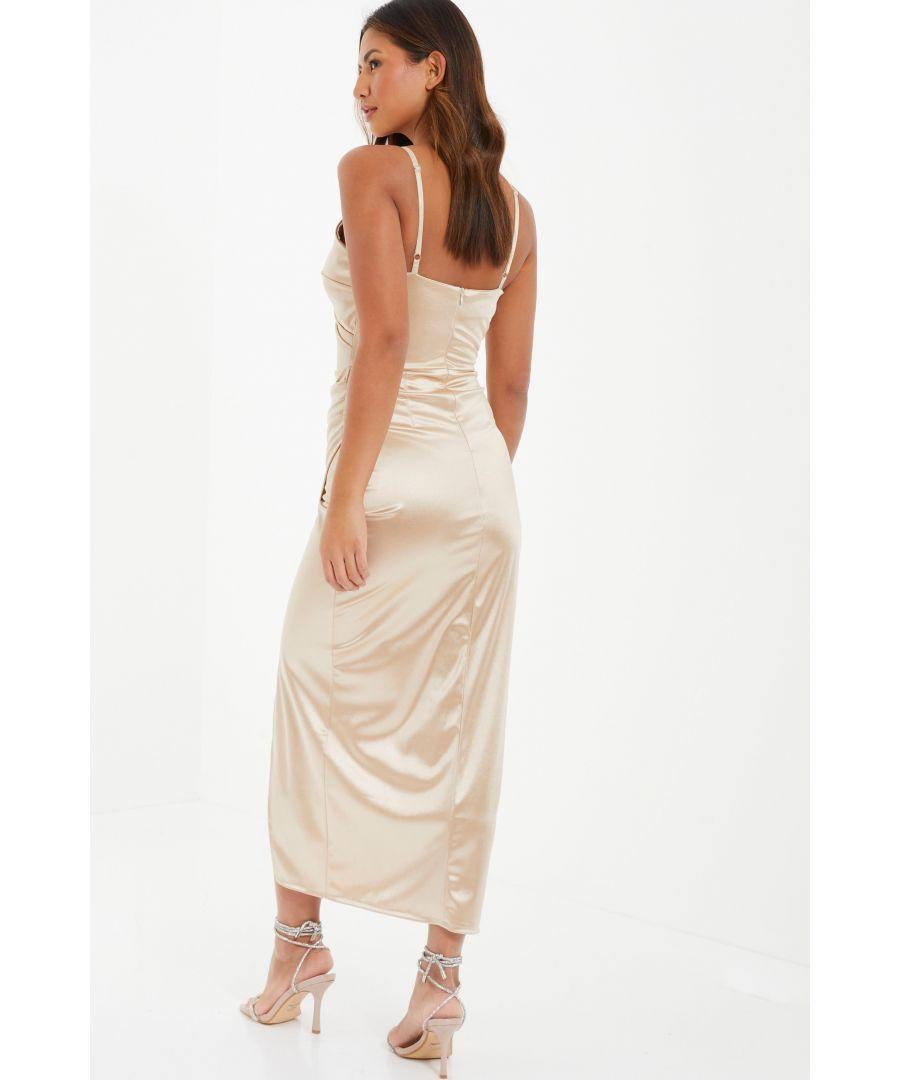 Quiz Champagne Wrap Ruched Maxi Dress Satin in White | Lyst UK