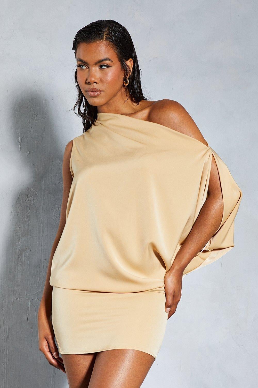 MissPap Satin Off Shoulder Asymmetric Bodycon Mini Dress in Natural