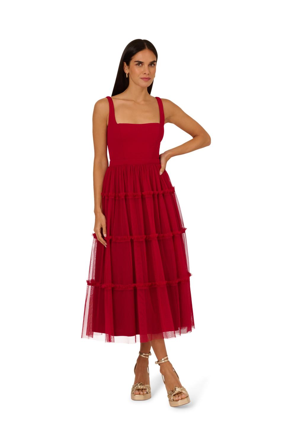 adrianna papell women's knit and mesh midi dress in Red Floral dress