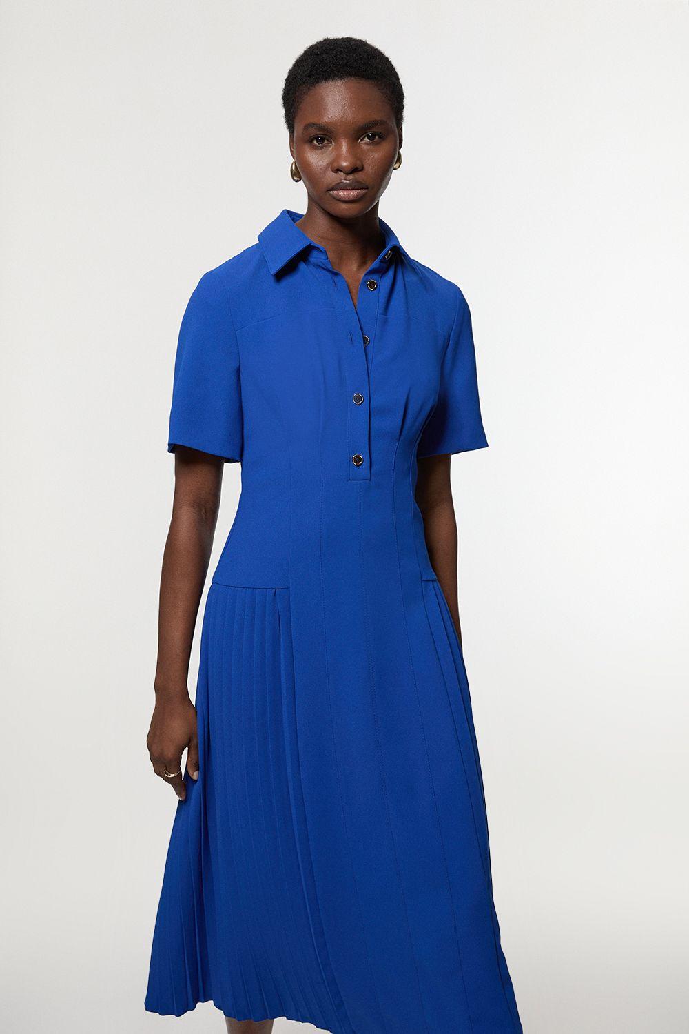 karen millen blue pleated dress Karen Millen Blue Ophelia Crinkle Georgette Fine Pleated Strapless Woven  Midi Dress UK 6