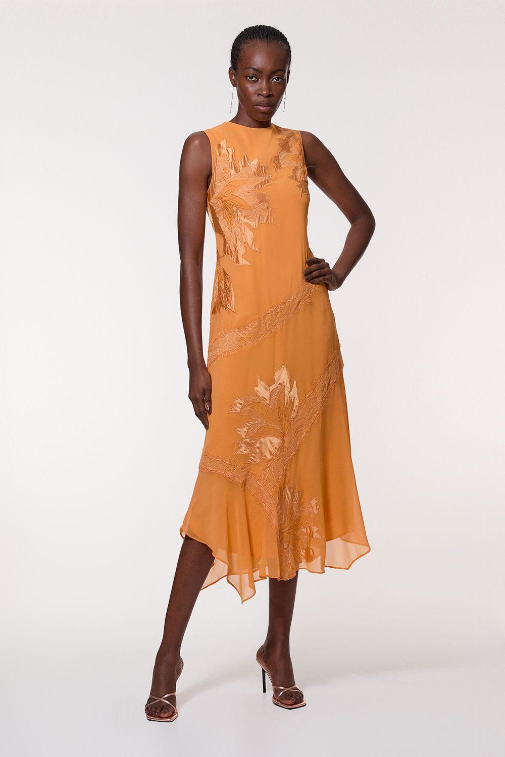 knee length dresses for ladies Karen Millen peach cotton cutwork dress – The Frockery main image 0