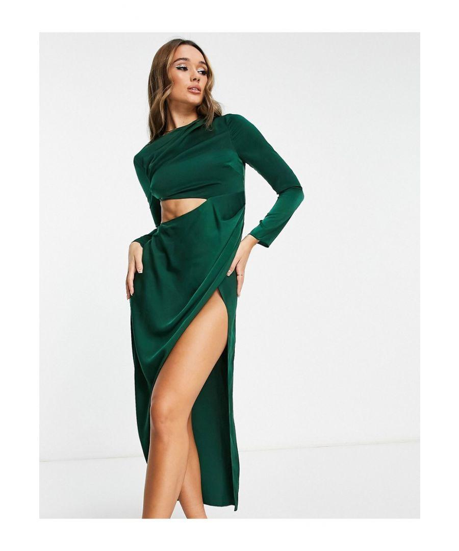 ASOS DESIGN satin halter plunge bust midi dress with cut out waist detail  in dark green