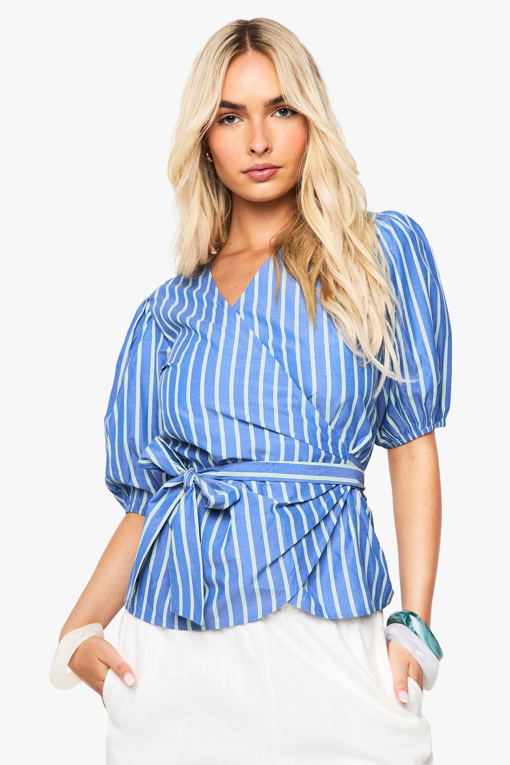 Boohoo Stripe Puff Sleeve Wrap Top in Blue Lyst UK
