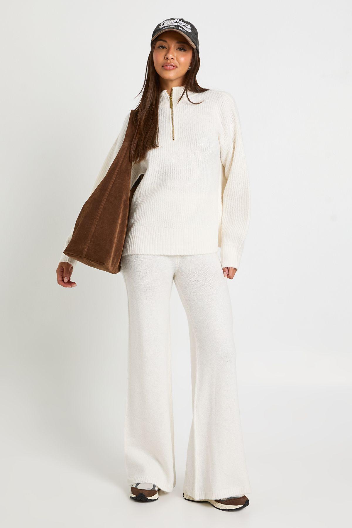 Boohoo Super Soft Zip Neck Oversized Sweater And Wide Leg Trouser