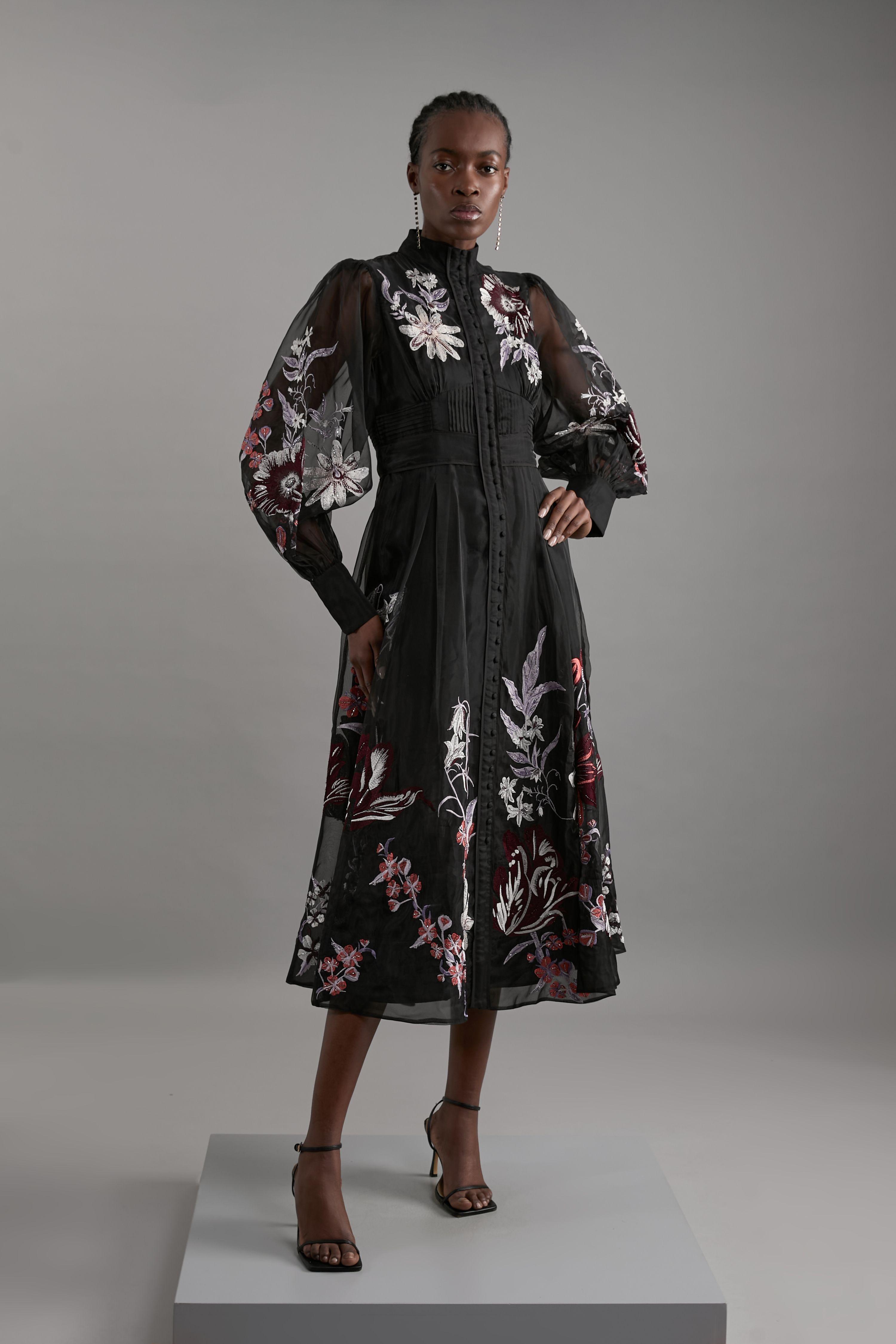 Karen Millen Premium Embroidered Beaded Organdie Woven Maxi Dress