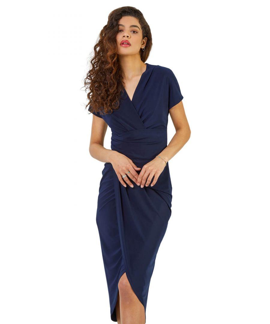 Roman Ruched Front Midi Wrap Dress in Blue | Lyst UK