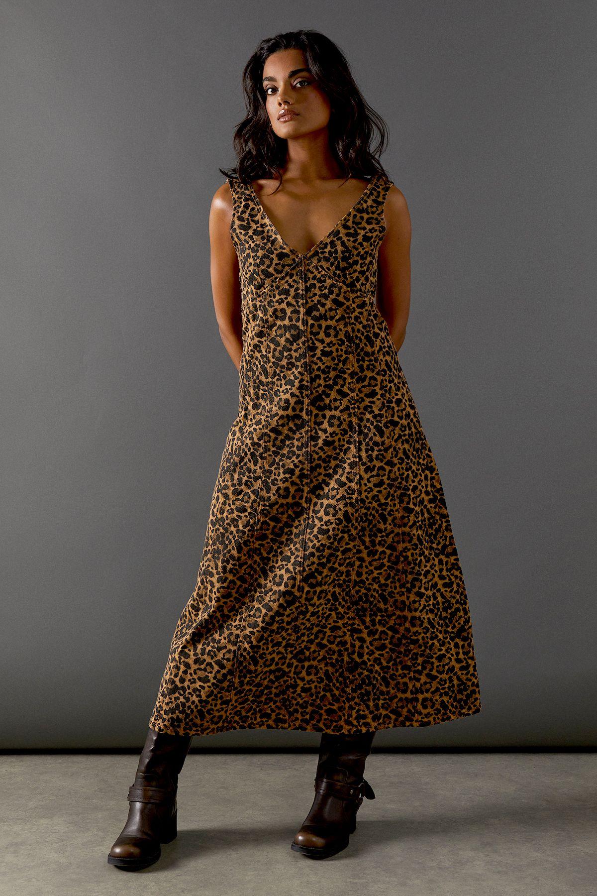 Warehouse Denim Seam Detail Sleeveless Midi Dress Cotton in Brown