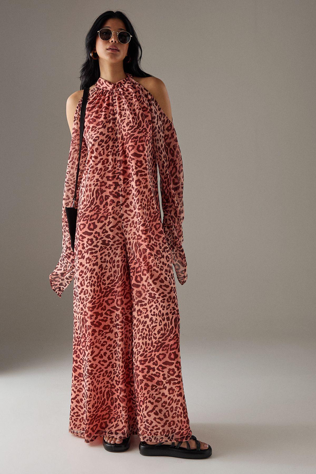 Warehouse Bohemian Halter Cold Shoulder Flared Sleeve Jumpsuit