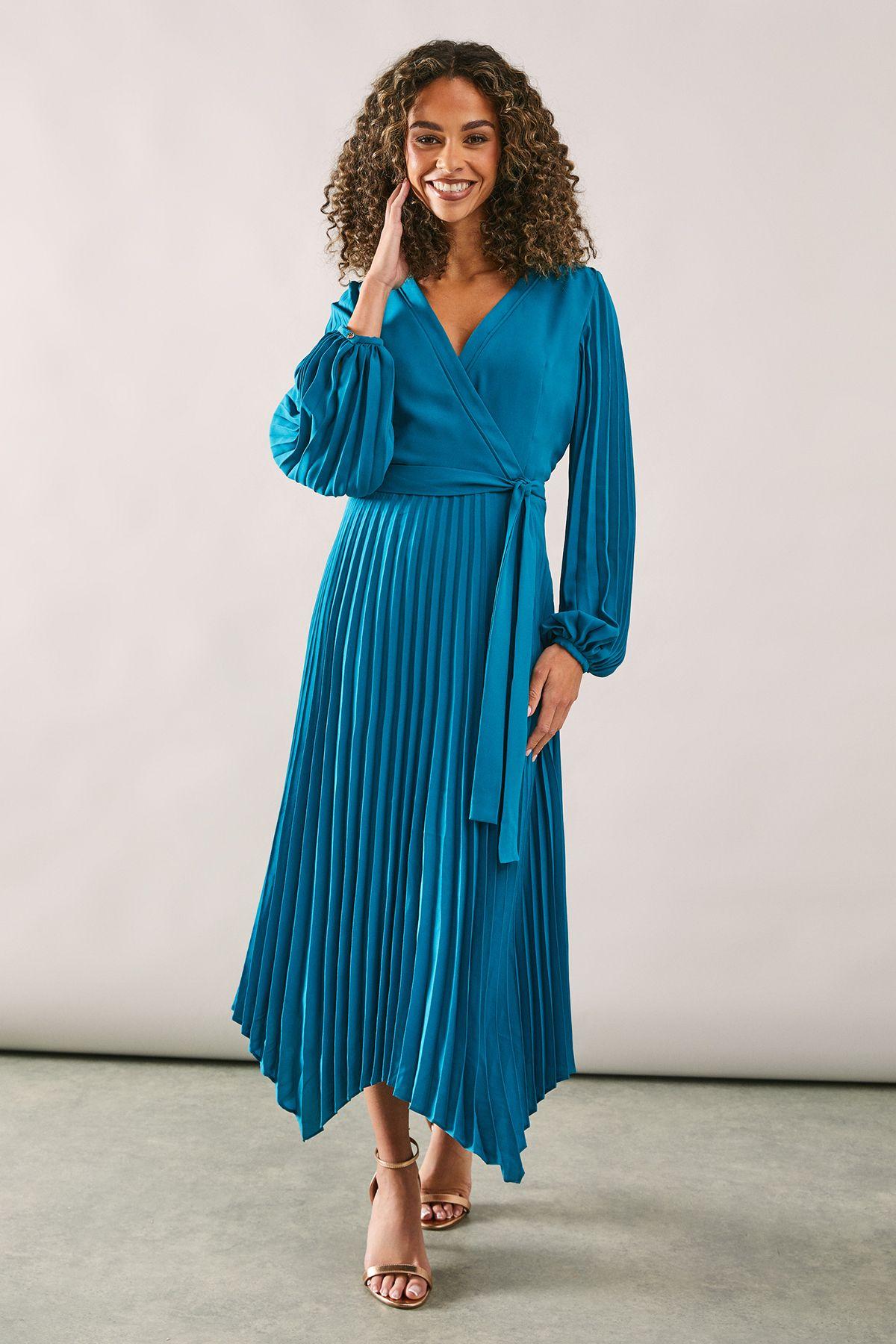 Wallis Women\u0026#180;s Blue Occasion Pleated Wrap Midi Dress dresses - dresses
