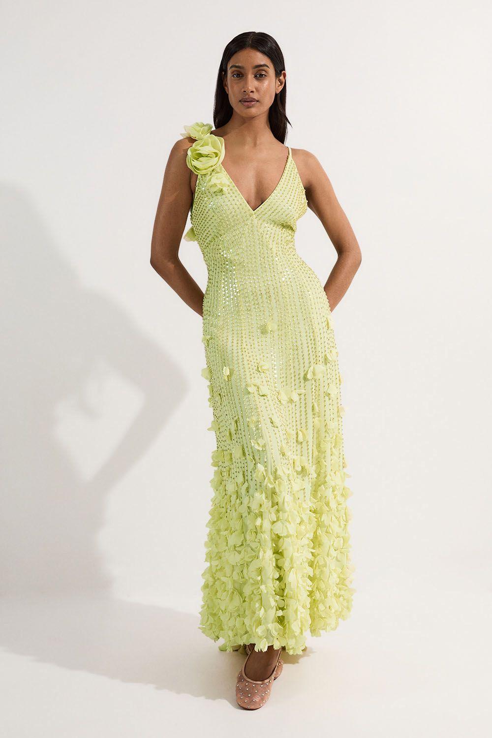 crystal applique woven maxi rosette maxi dress Ivory KarenMillen Crystal Applique Woven Maxi Rosette Maxi Dress