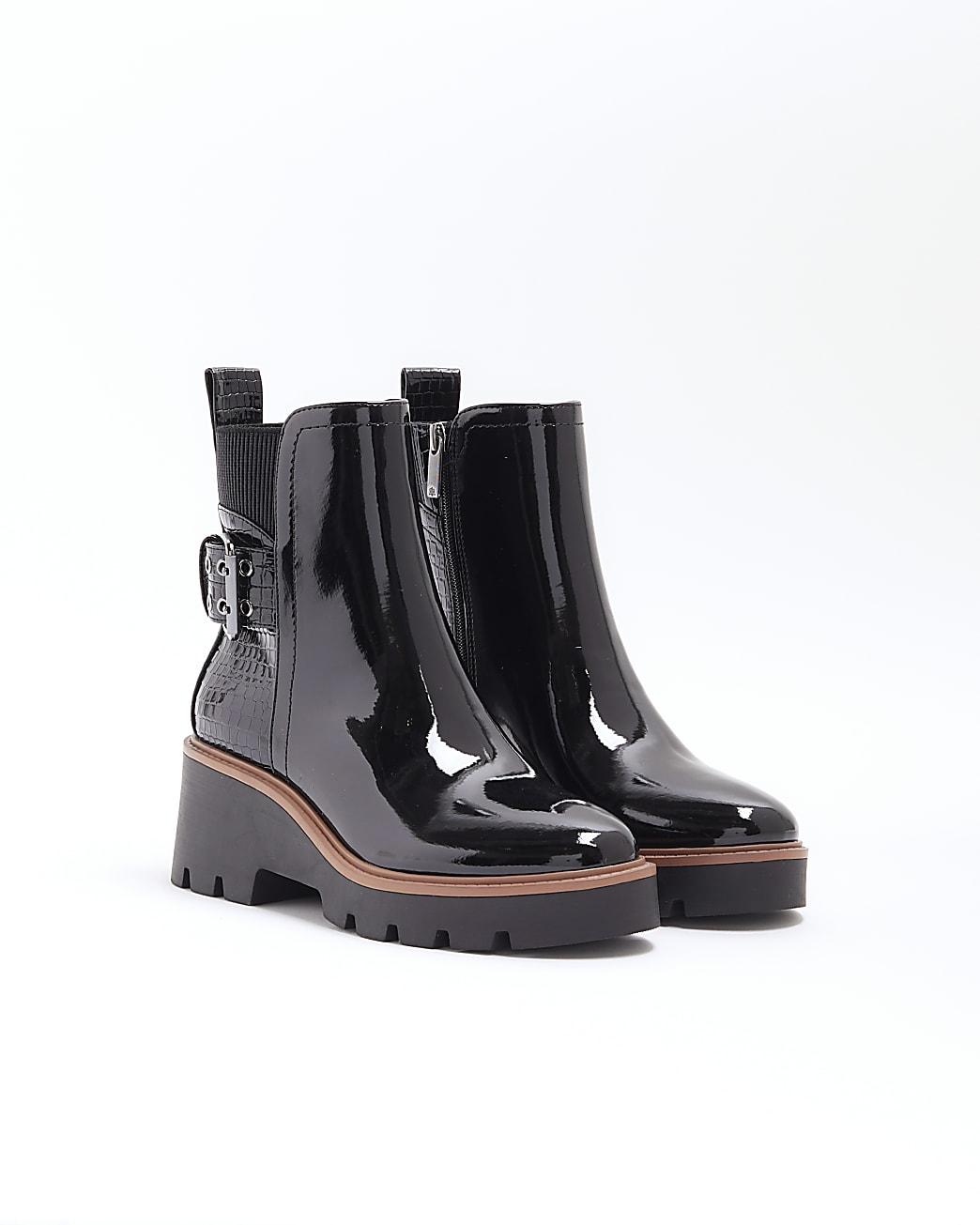 Chelsea Boots Patent Leather Wedge Booties Chelsea Boots Lace Up Patent  Leather Boots HOT Patent Black, image size:1044x1305