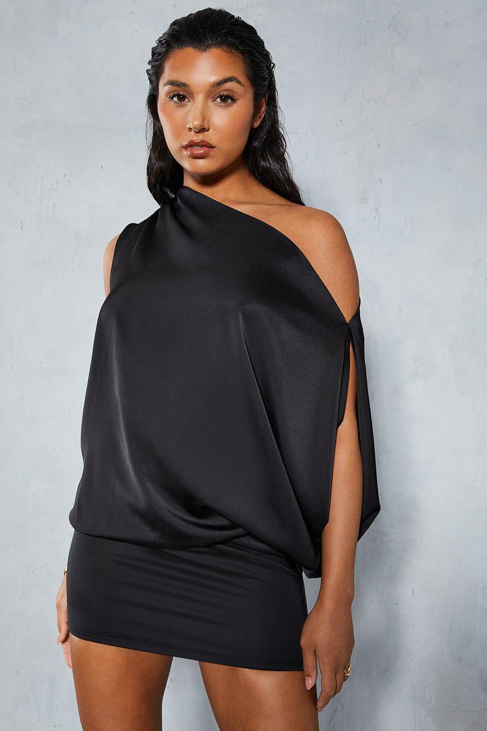 MissPap Satin Off Shoulder Asymmetric Bodycon Mini Dress in Blue