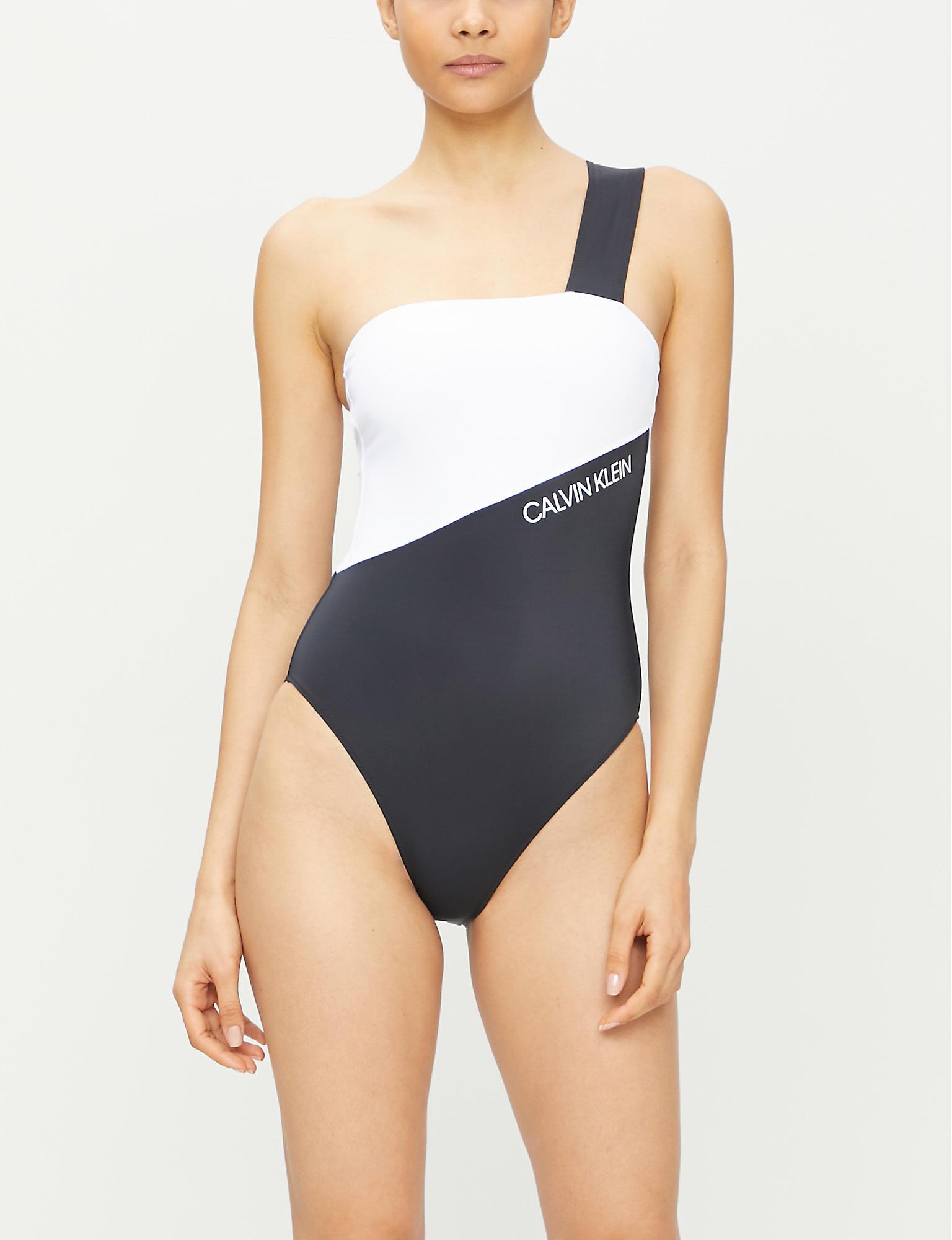 Calvin Klein Synthetic Colour-block One-shoulder Swimsuit in Blue | Lyst