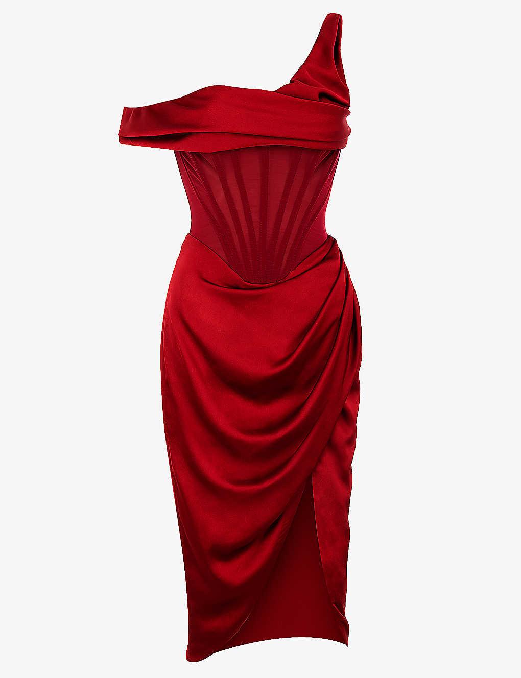 House Of Cb Lulu Draped Satin Midi Dress in Red | Lyst