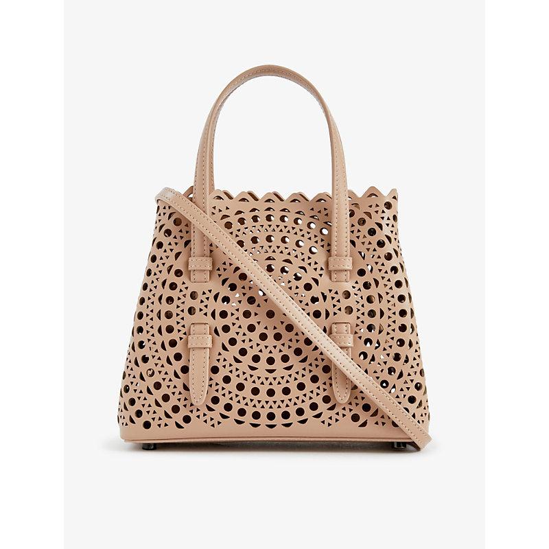 Alaïa Mina Mini Laser-cut Leather Top-handle Bag in Natural | Lyst ...