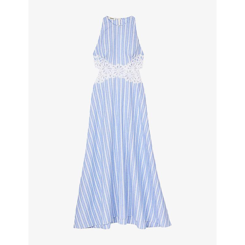 Sandro Stripe-Print Cut-Out Lace Cotton And Linen-Blend Midi Dress in Blue  | Lyst UK