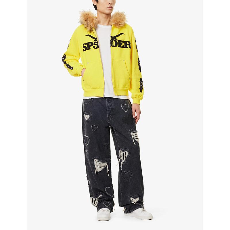 Sp5der Faux-Fur Hood Branded Cotton-Jersey Hoody in Yellow