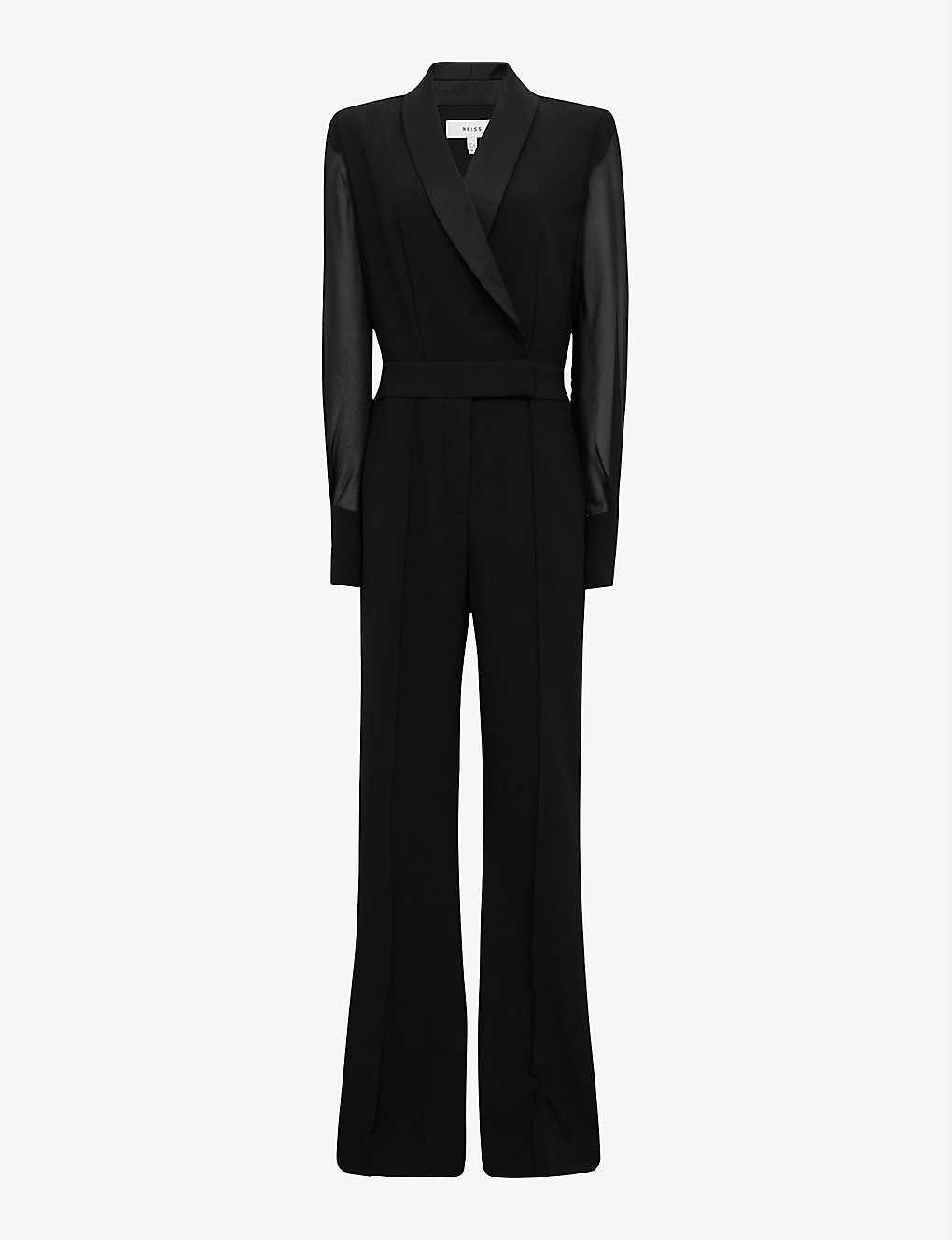 Reiss Lennon Sheer-sleeved Flared-leg Woven Jumpsuit in Black | Lyst