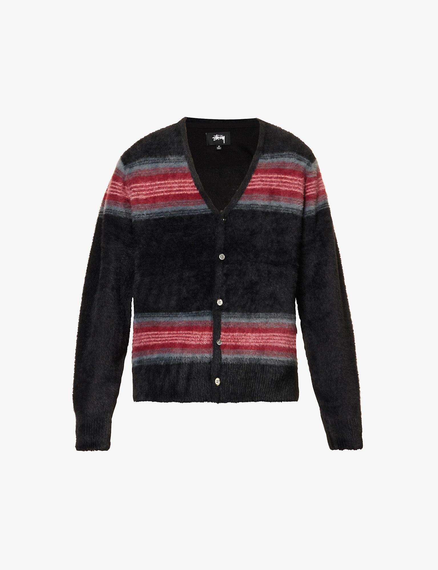 Stussy Shaggy Stripe V-neck Knitted Cardigan in Black for Men