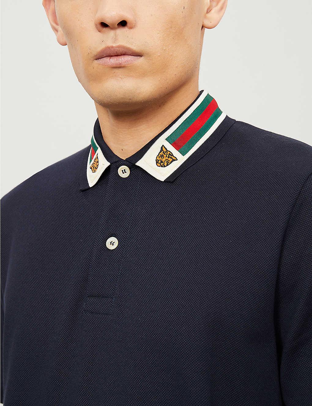 Gucci Tiger-embroidered Cotton-pique Polo Shirt in Blue for Men | Lyst