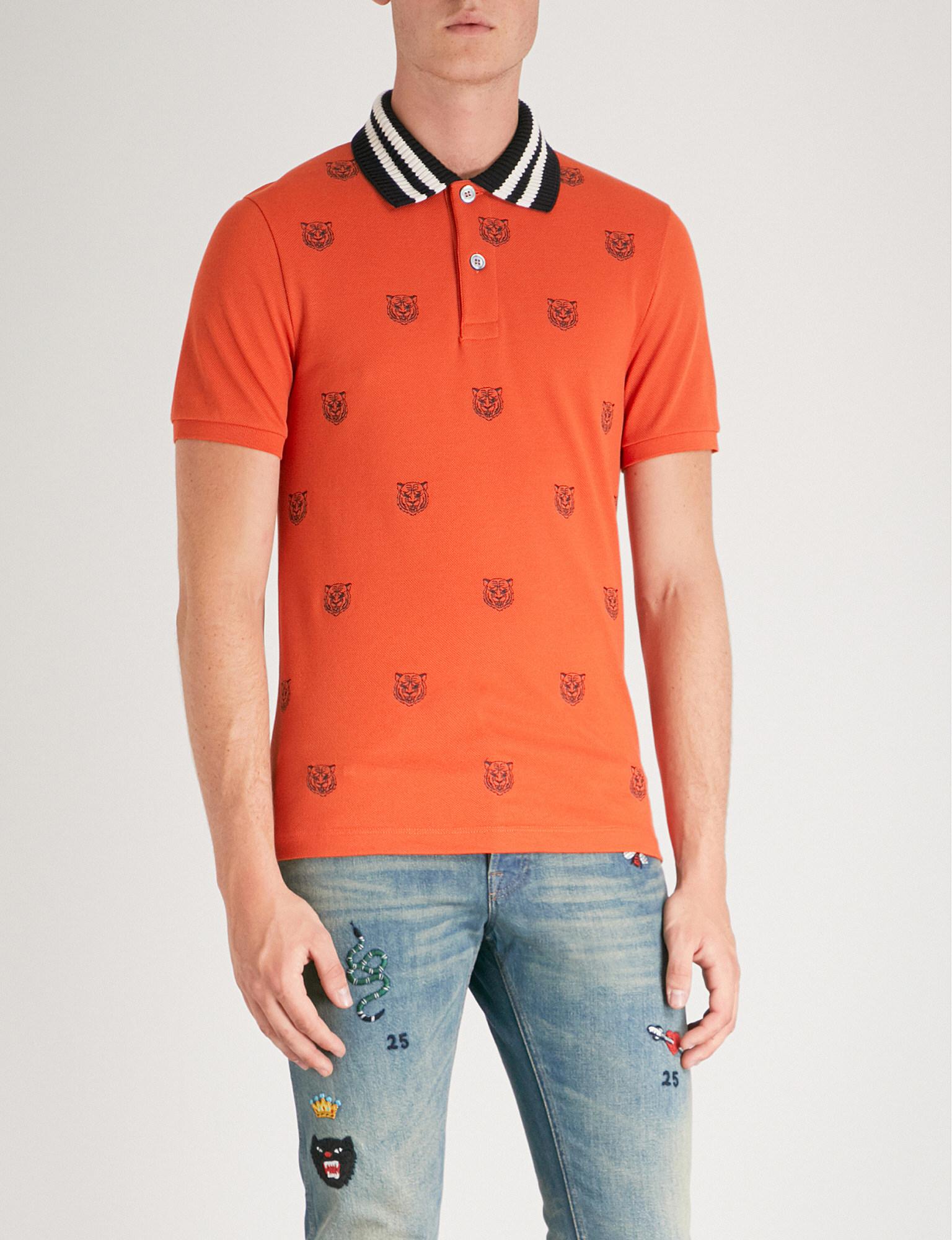 Gucci Tiger-embroidered Slim-fit Cotton-pique Polo Shirt in - Lyst
