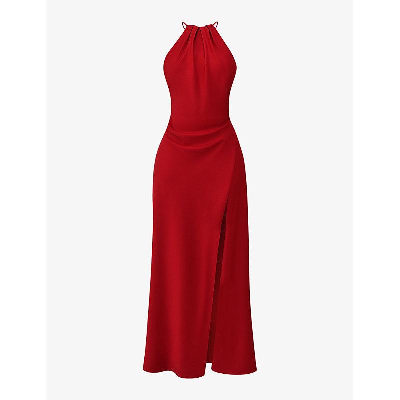 House Of Cb Zanab Halter neck Thigh split Woven Maxi Dress in Red