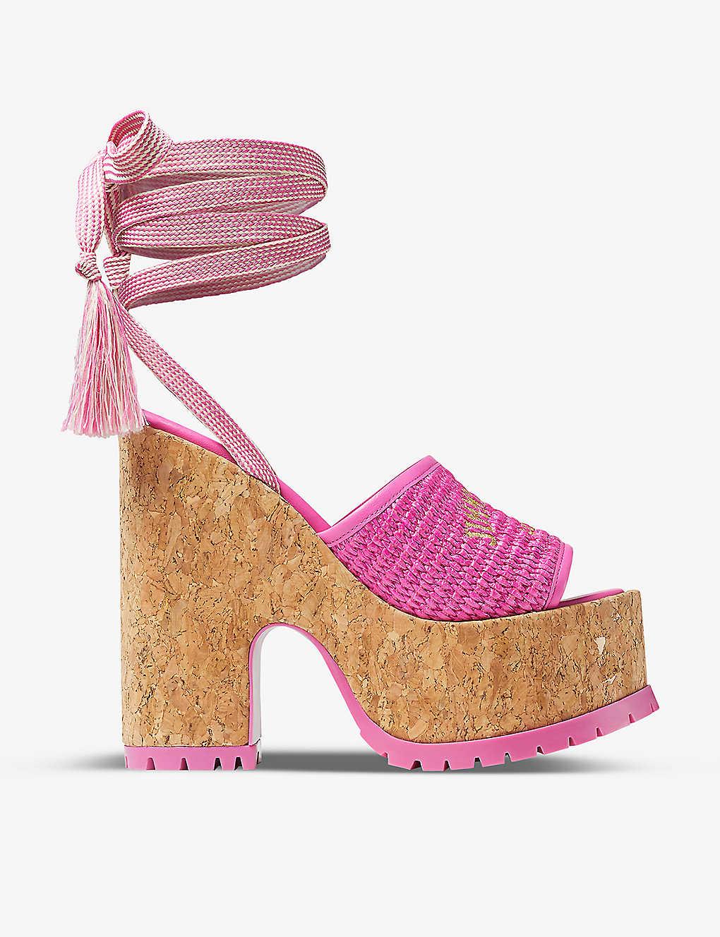 Jimmy Choo Gal 130 Raffia Wedge Sandals in Pink | Lyst