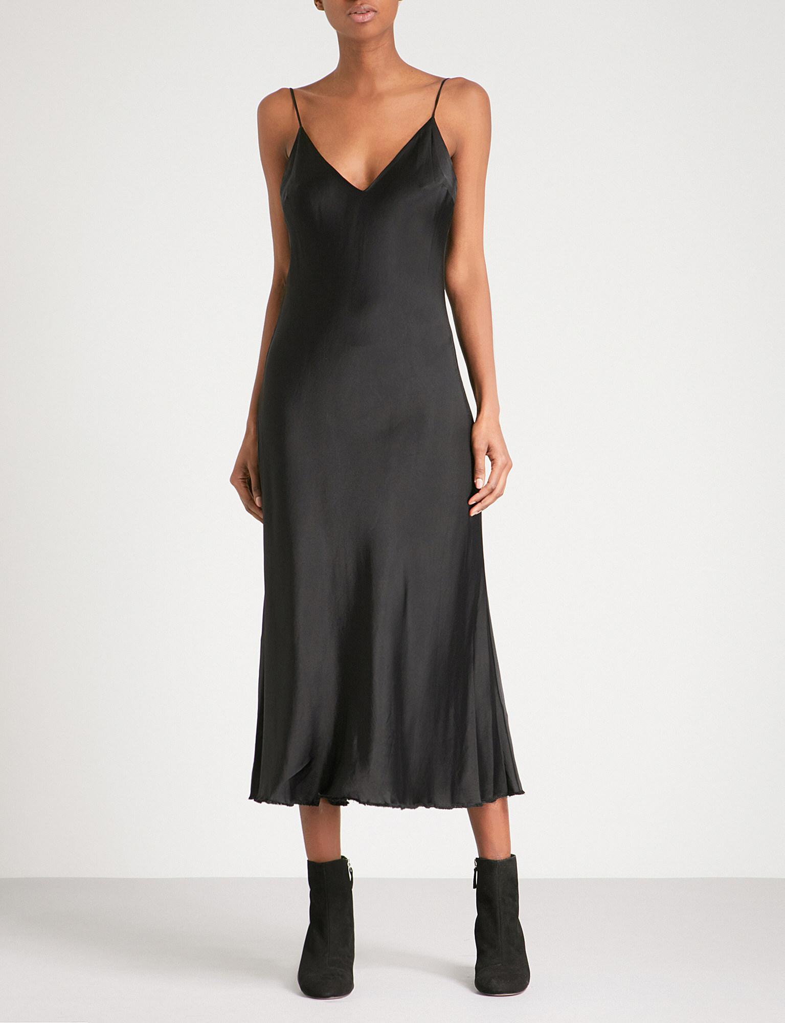 FRAME V-neck Satin Slip Dress in Black | Lyst
