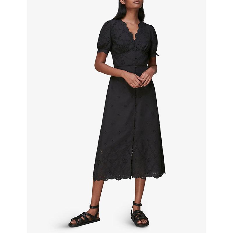 Whistles Carolyn Broderie-anglaise Cotton Midi Dress in Black | Lyst