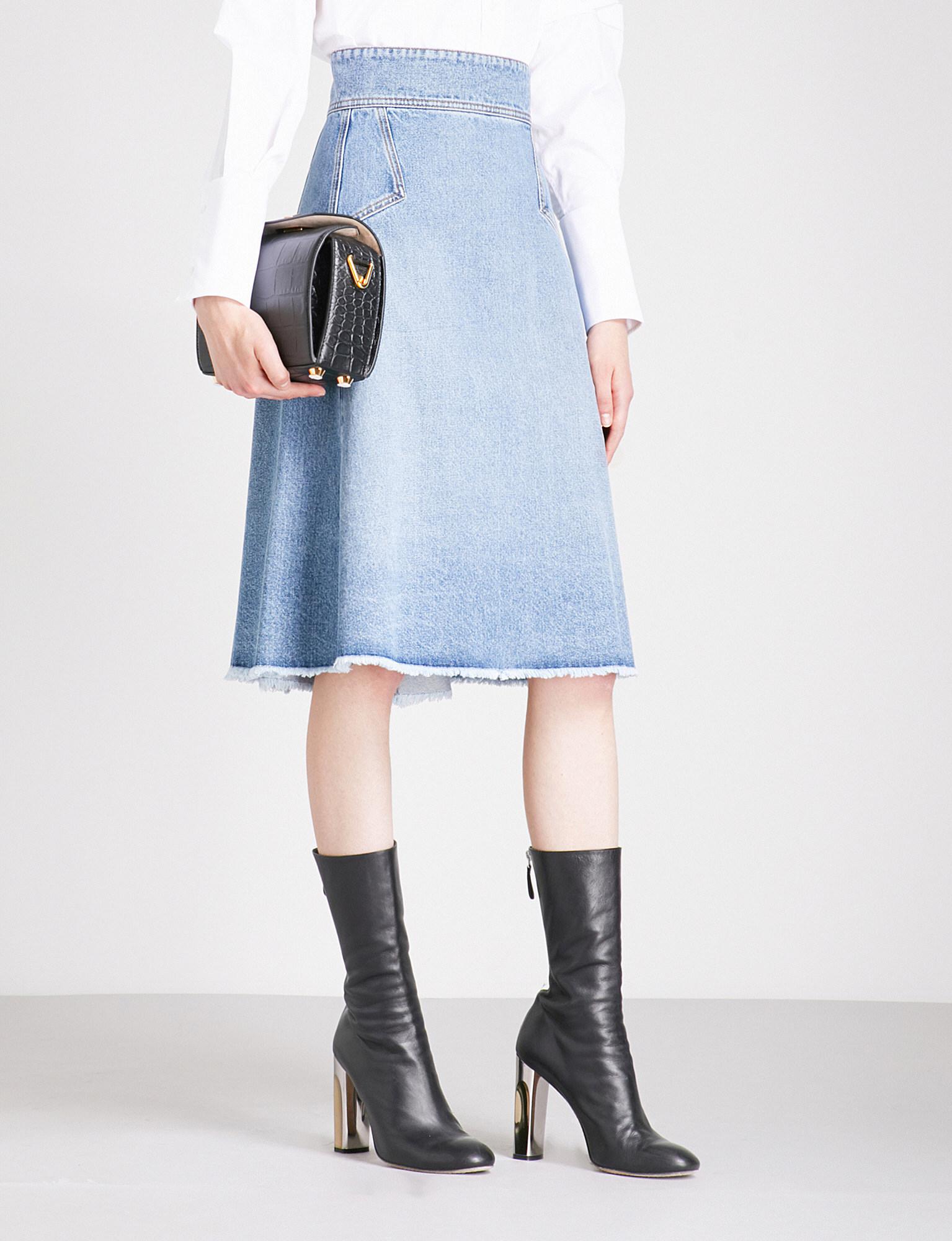 knee length flared denim skirt
