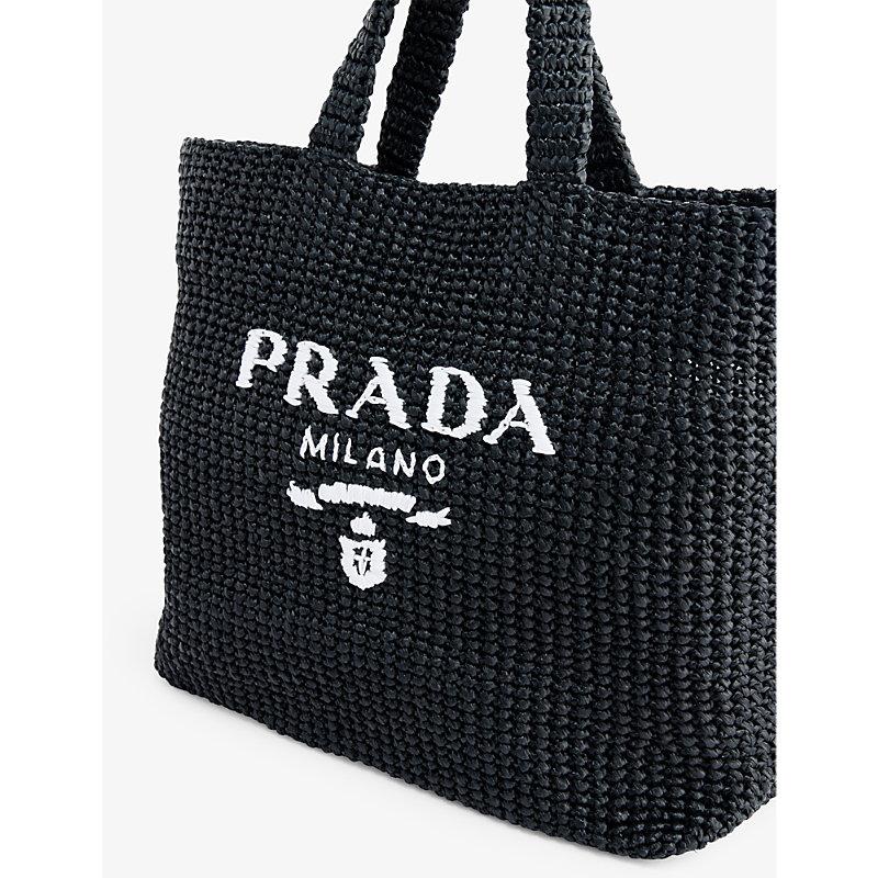 Prada Logo Large Straw Tote Bag in Black | Lyst