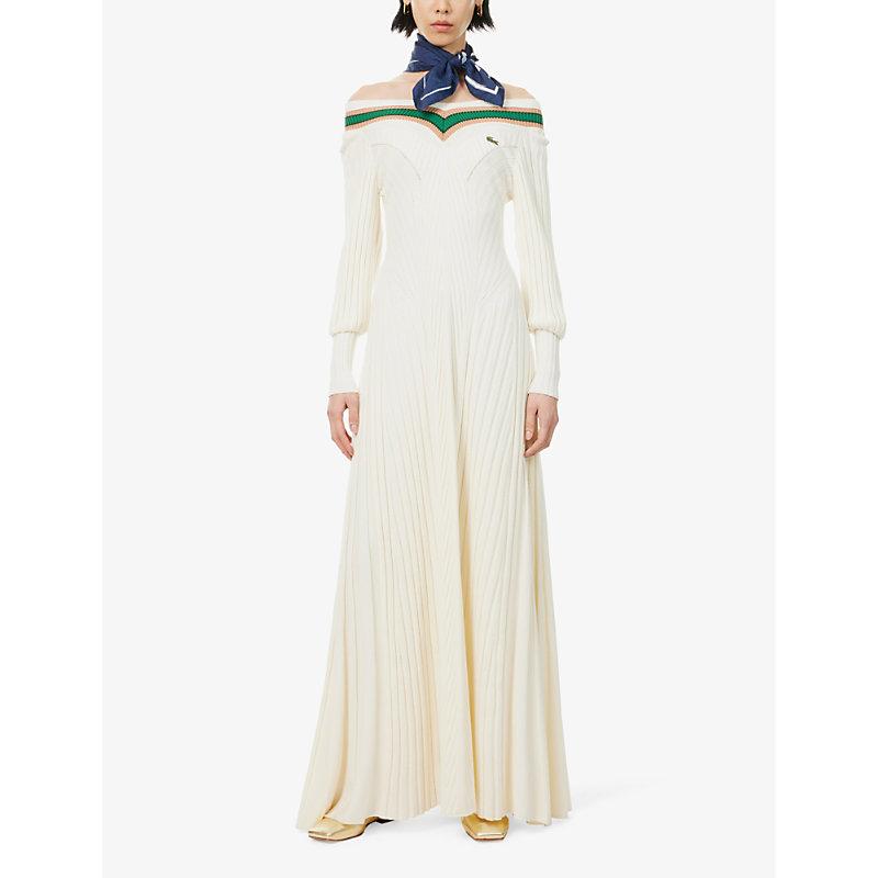 Lacoste Johana Ribbed Wool-Blend Maxi Dress in Natural | Lyst