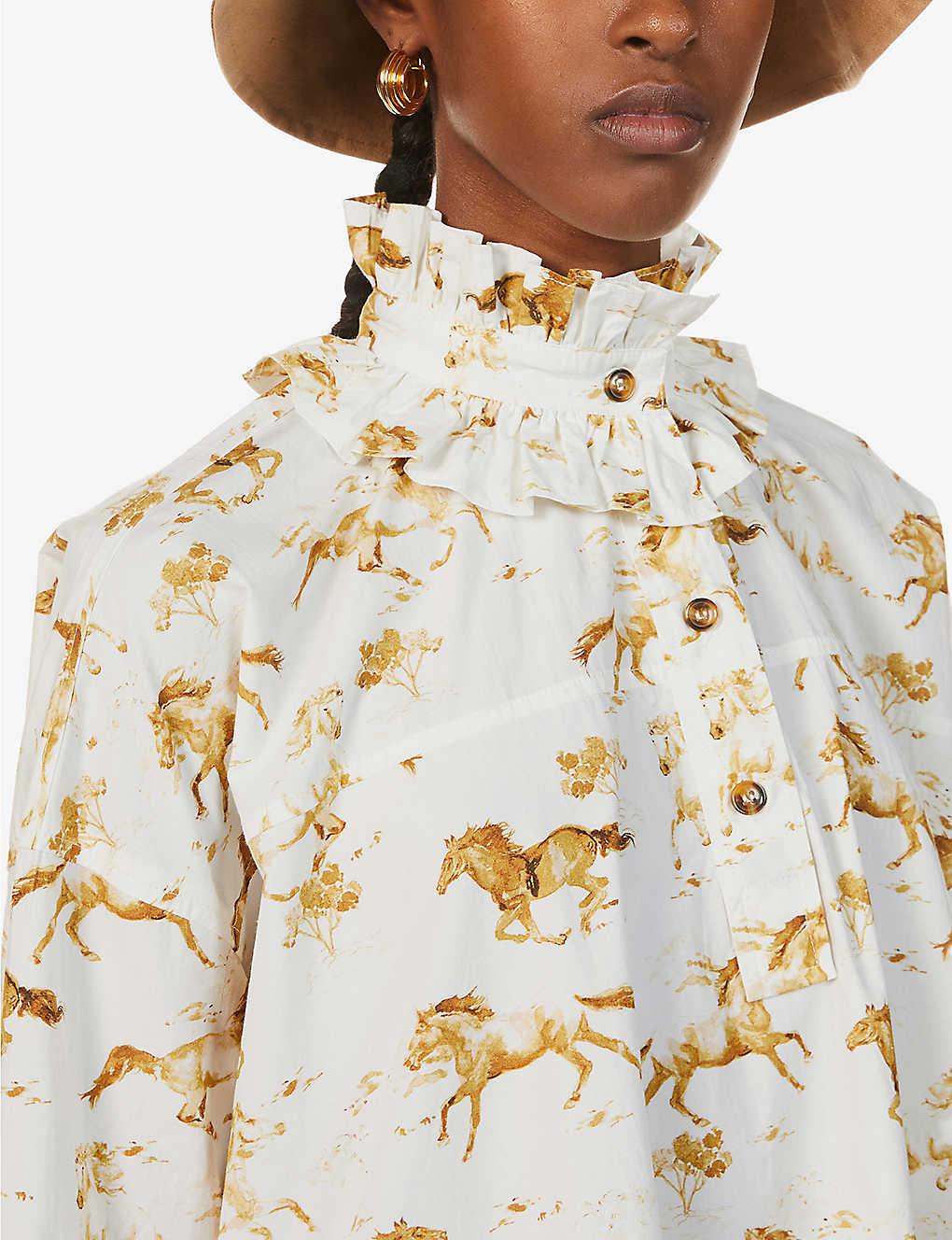 Ganni Horse-print Organic-cotton Poplin Mini Dress | Lyst