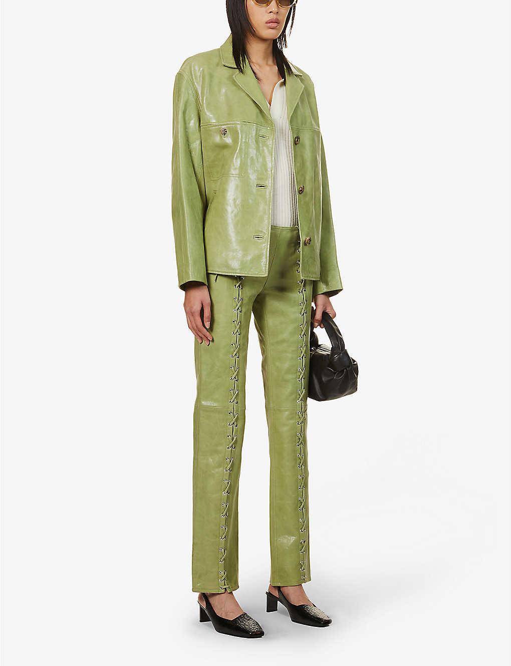 Een bezoek aan grootouders Molester beroemd Saks Potts Womens Lime Green Christina Lace-up Straight Low-rise Leather  Trousers 2 | Lyst