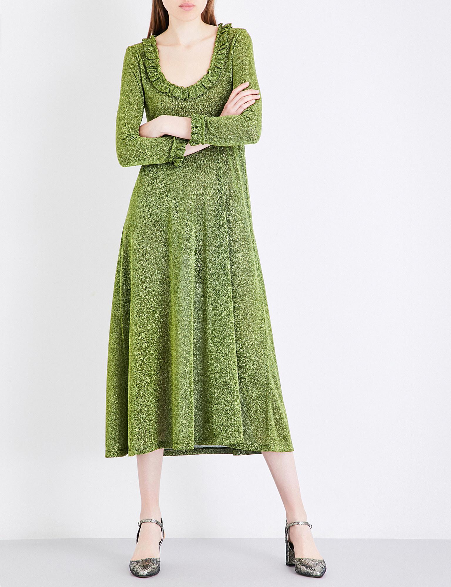 ALEXACHUNG Frilled-trim Metallic Jersey Dress in Green | Lyst