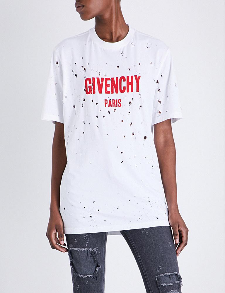 Givenchy Distressed Logo-print Cotton-jersey T-shirt in White | Lyst