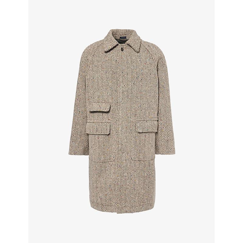 Drake's Herringbone-Print Raglan-Sleeves Relaxed-Fit Wool Coat in